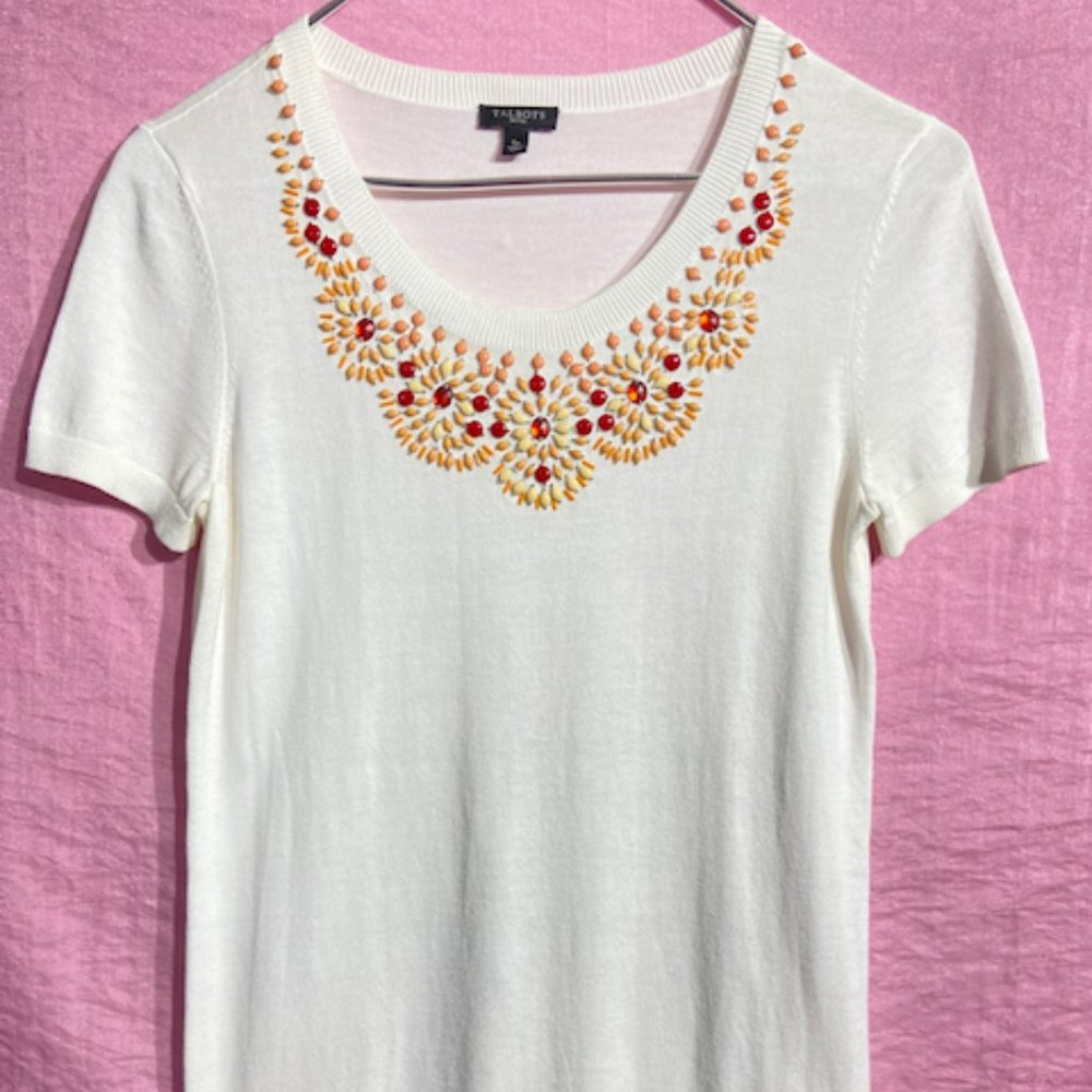 Talbots Petites *Valentines Woman"s Embellished White Short Sleeve Top~Size Sp